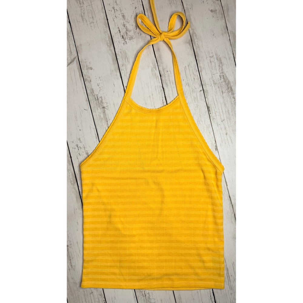 American Eagle Yellow Striped Ribbed Halter Top Tie Neck Small
